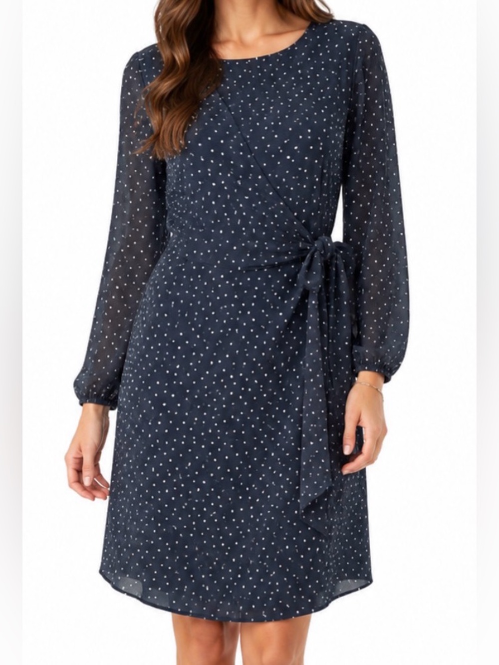 LOFT Black Polka Dot Midi Tie-Front Dress, New Without Tags, flattering, zip